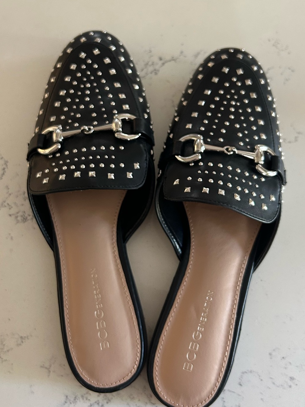 BCBGMaxAzria Black Studded Slip-On Loafers with Silver Horsebit